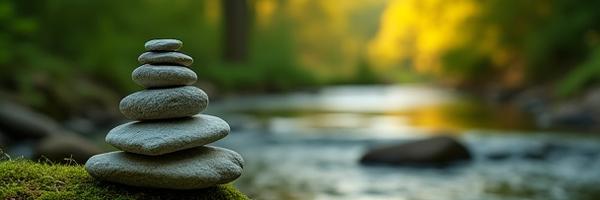A balanced stack of smooth stones by a gentle stream, representing mental balance and stress resilience.