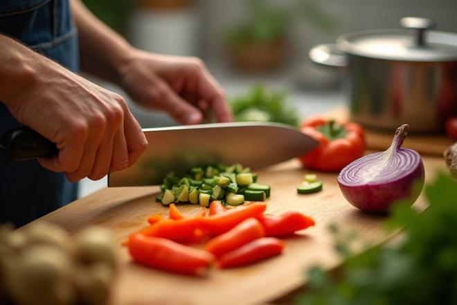 A pair of hands carefully chopping fresh vegetables on a wooden cutting board in a warm, inviting kitchen, focusing on the sensory experience of cooking.
