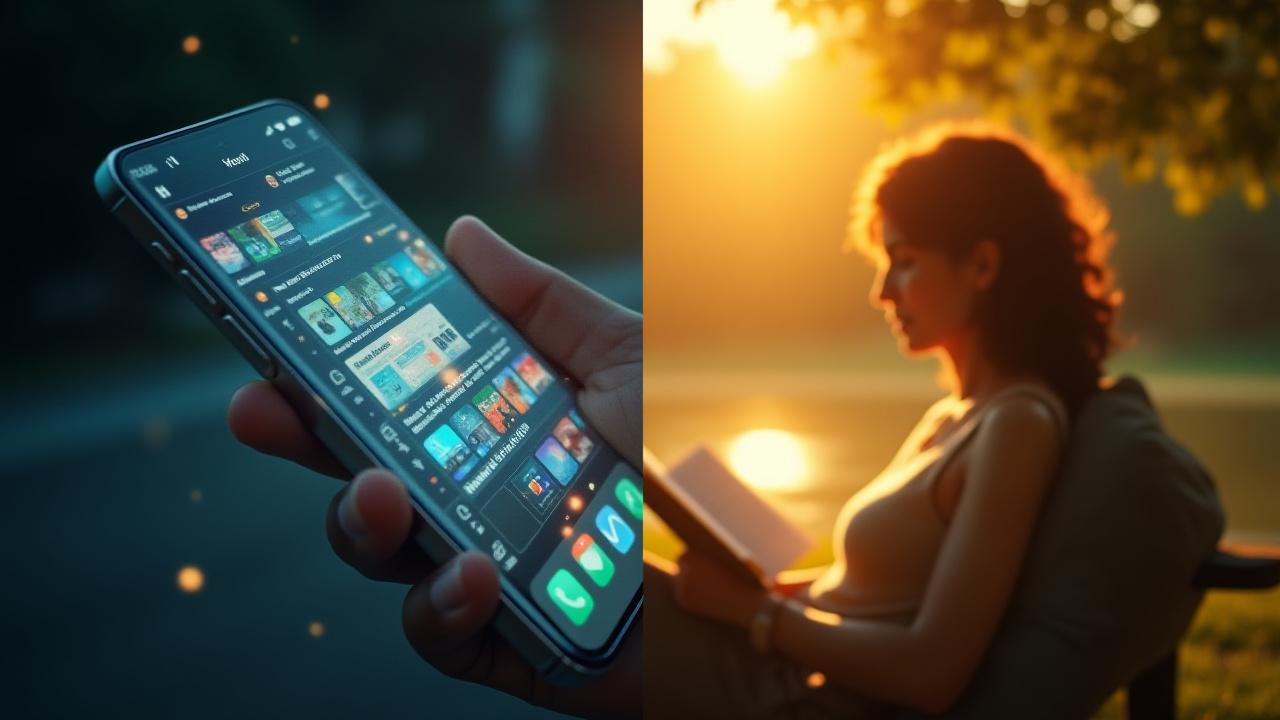 A split image showing a chaotic, brightly lit smartphone screen on one side and a serene, sunlit scene of a person reading a physical book in a natural park on the other, symbolizing digital clutter versus analog calm.