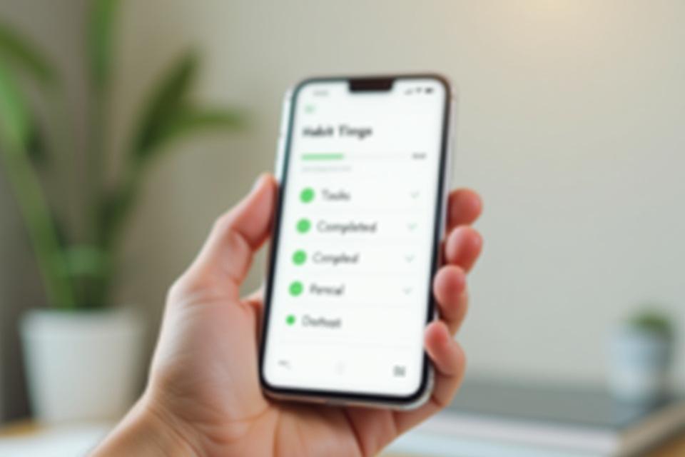 A close-up of a smartphone screen displaying a simplified, engaging checklist app with several green checkmarks, signifying effective habit formation.