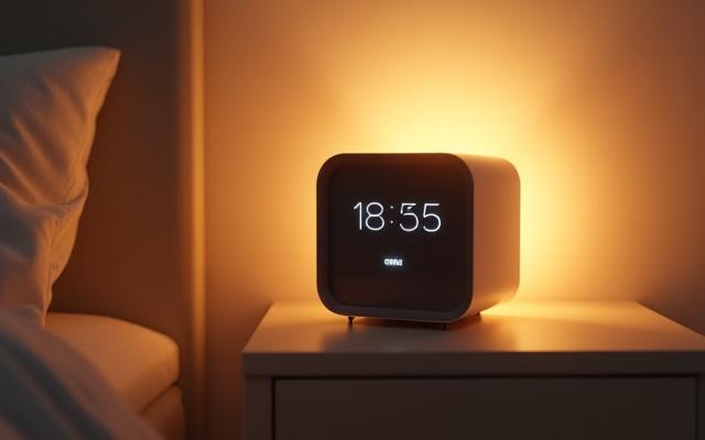 A modern sunrise alarm clock gently illuminating a bedside table, simulating natural dawn.